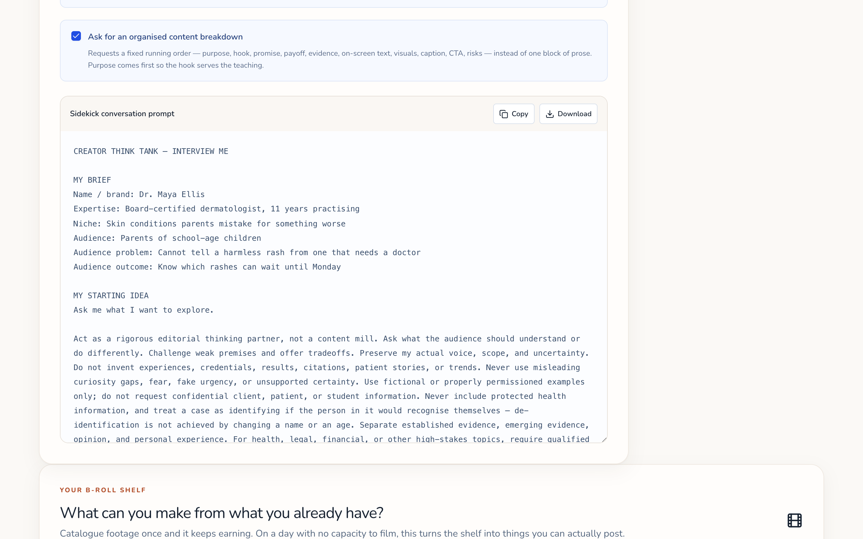 The sidekick tab showing a generated conversation prompt that already contains the creator's brief, niche, audience and editorial standards, with copy and download buttons